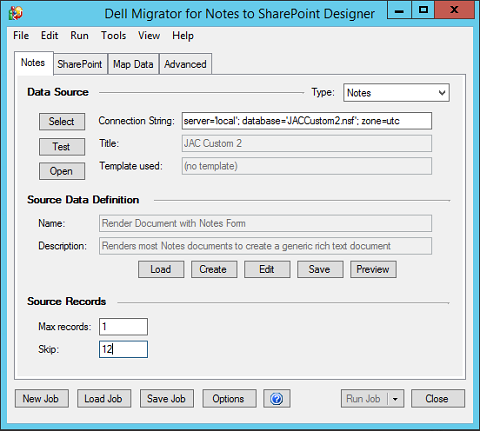 Image of Notes Tab displaying Source Records fields Max records = 1 Skip = 12