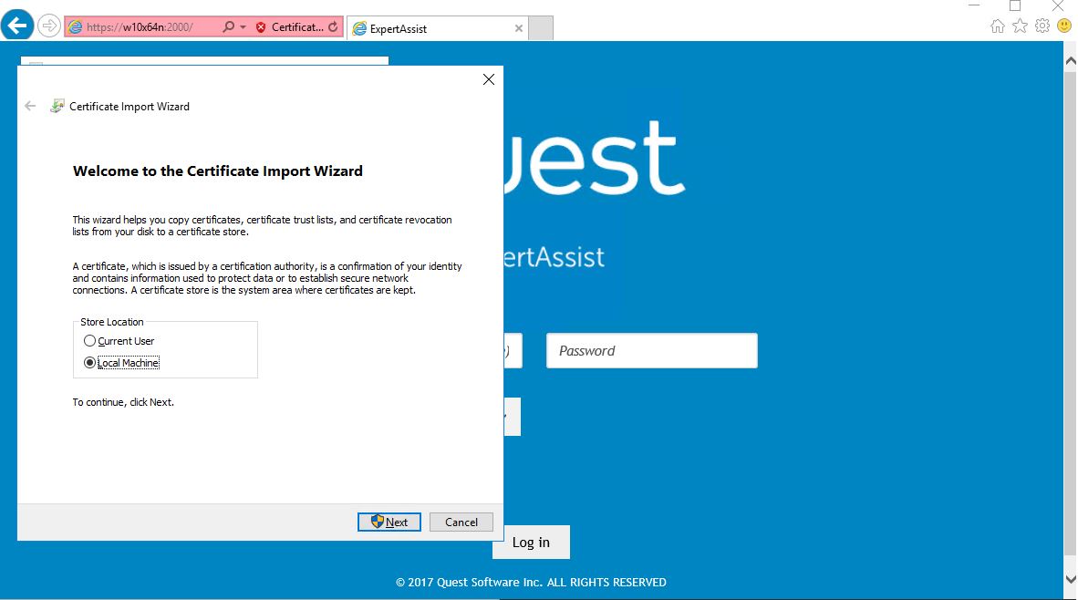 Install certificate wizard starts