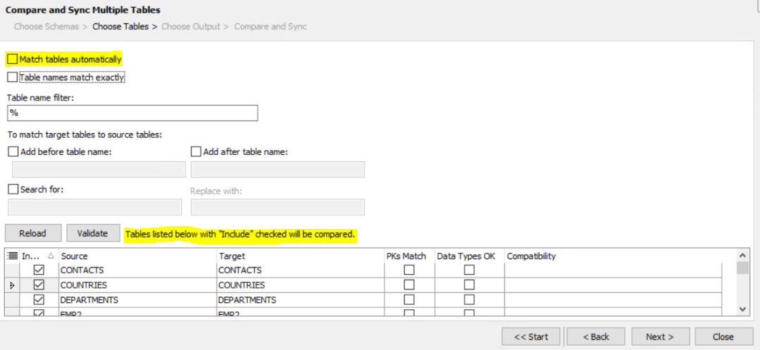 With "Match tables automatically" unchecked