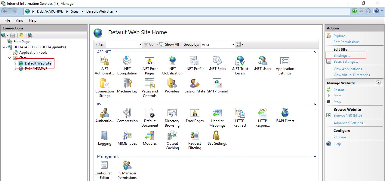 Default Web Site and Bindings highlighted
