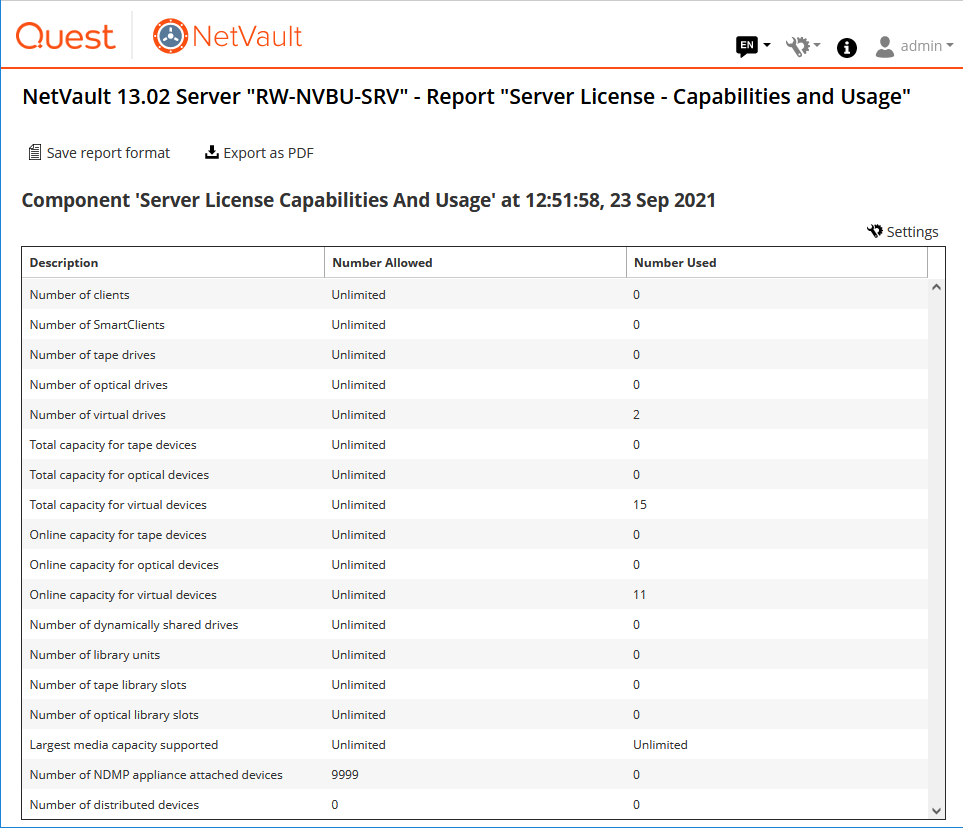 Server License - Capabilities and Usage Report