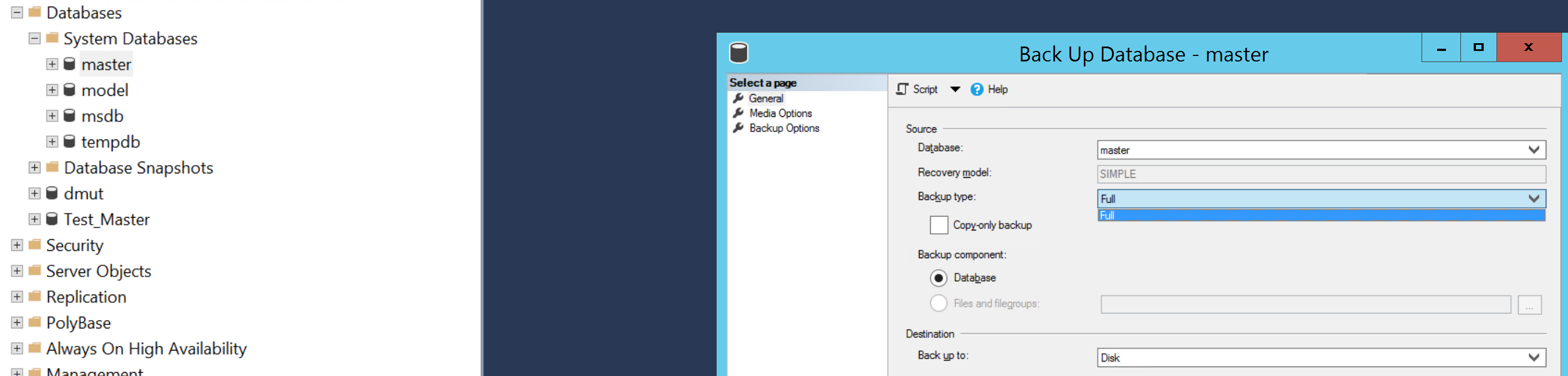 Example : Demonstrating MSSQL Studio for Master ( System DB) shows only FULL