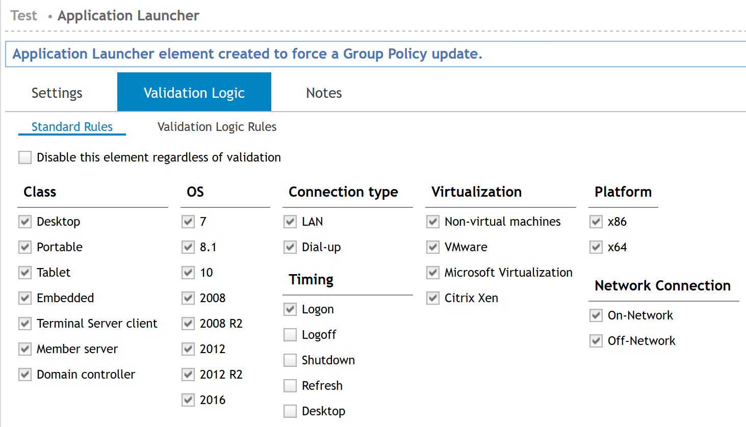 Application Launcher element created to force a group policy update validation logic