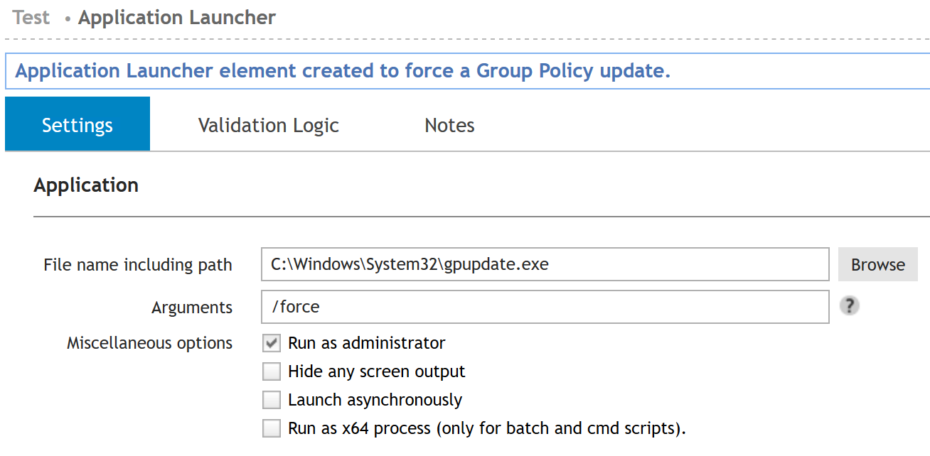 Application Launcher element created to force a group policy update