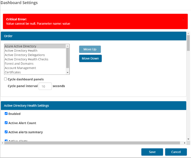 Dashboard Critical Error: Value cannot be null. Parameter name: value ...