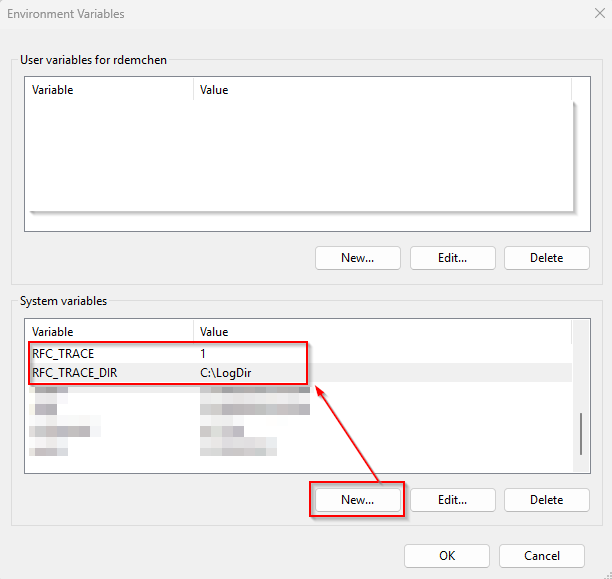A screenshot showing the required System Variables for SAP Trace logging