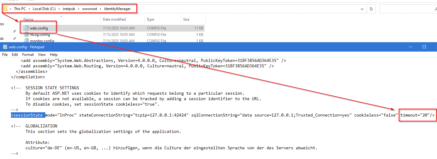 Screenshot showing the setting Timeout in the Web Config file for the legacy web designer portal