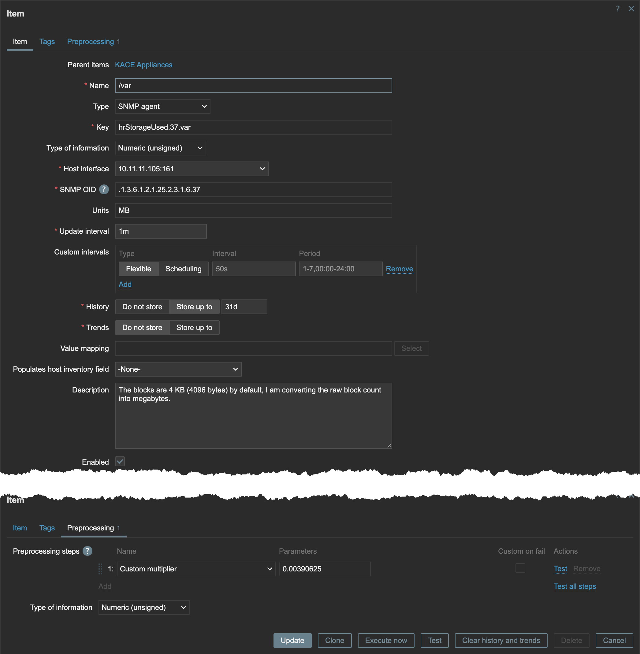 Exemplo de configuração de item no Zabbix