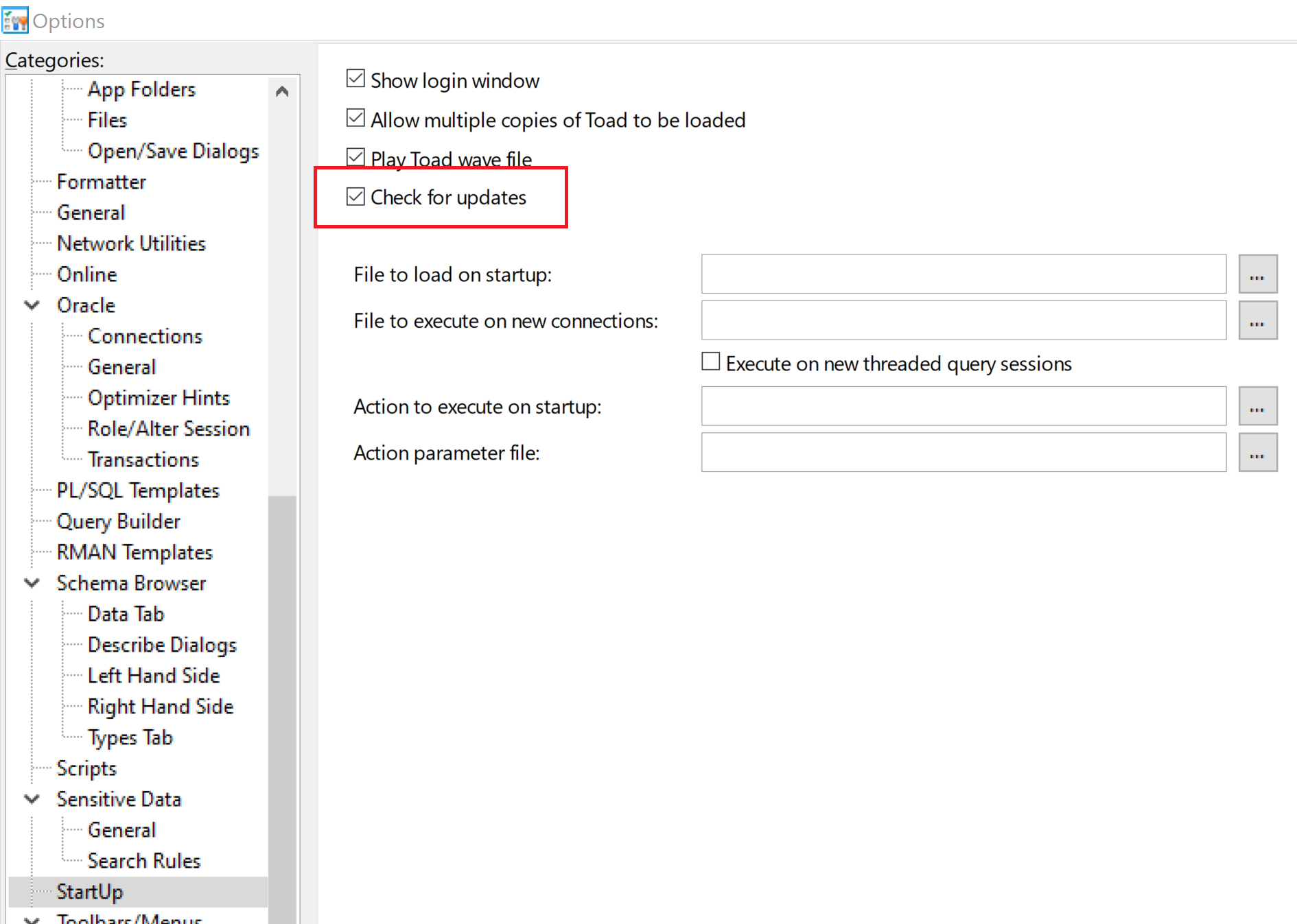 How to disable the Toad Update message (4342255)