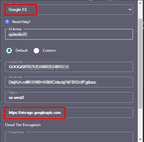 Enter Cloud Tier connection info