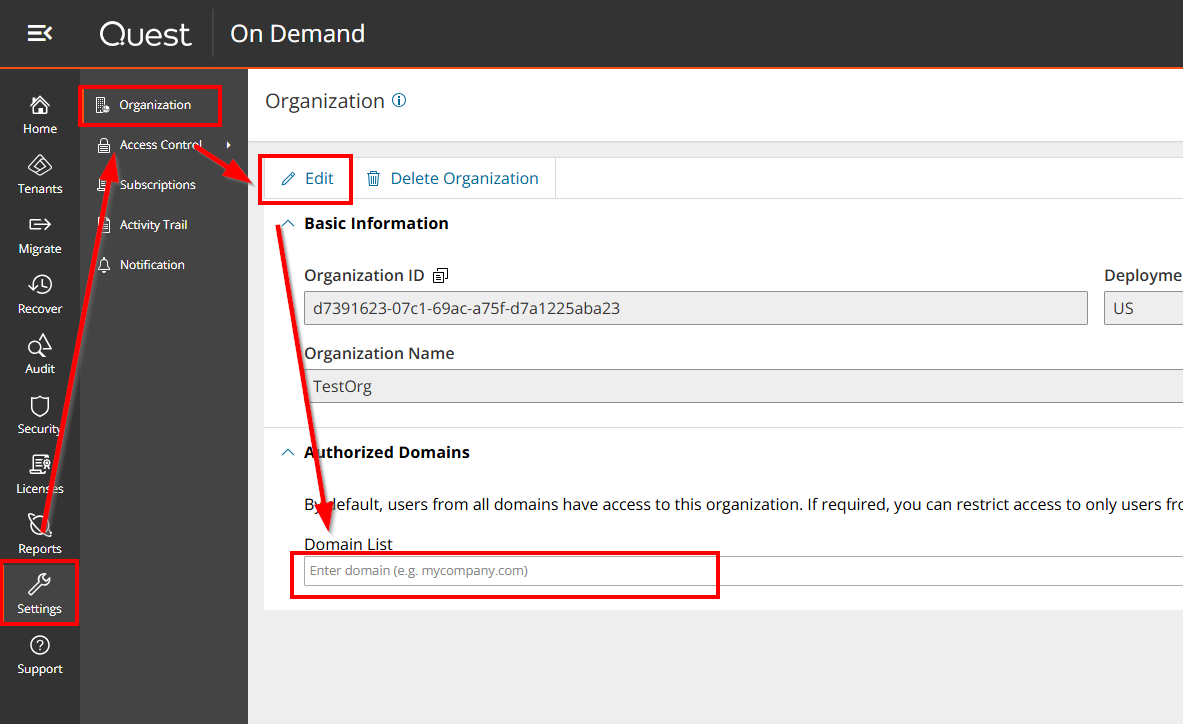 Screenshot of where to find the setting, Settings | Organization | Authorized Domains