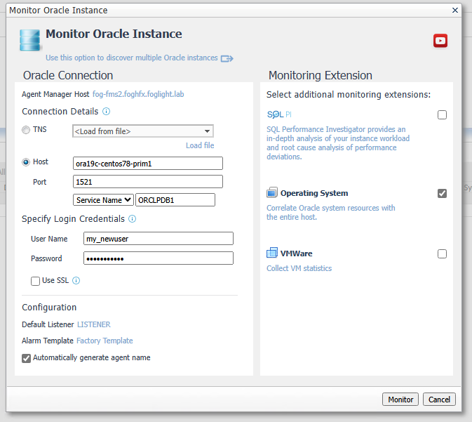 Entering the Oracle Connection details