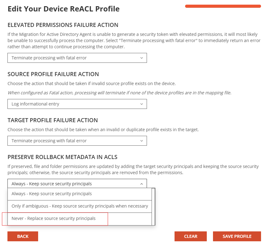 Never replace source security principals
