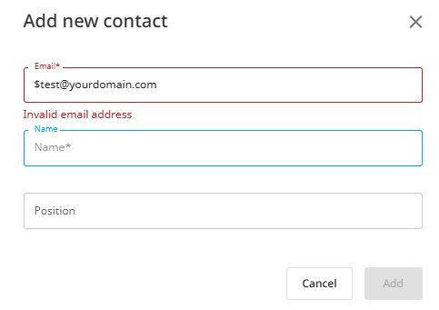 Invalid email error when adding contact