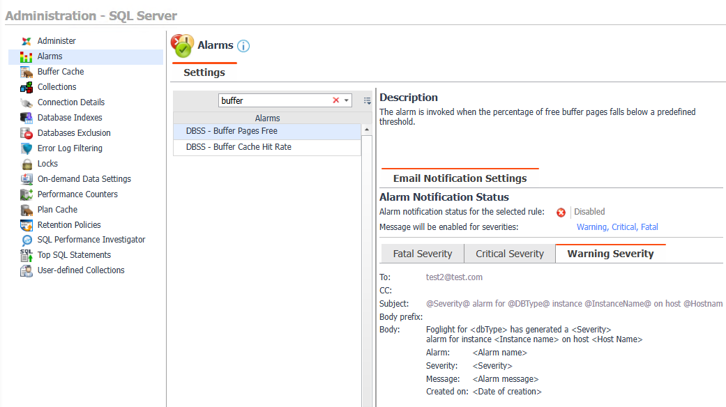 Deprecated DB agent alarm email settings