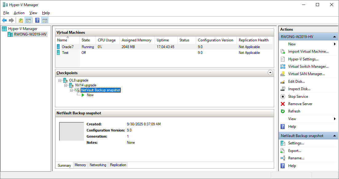NetVault Backup Snapshot Listed on the Hyper-V Console
