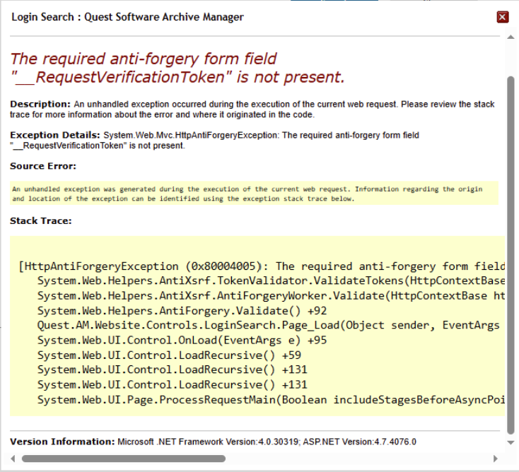 Unhandled Web Exception Error in Archive Manager Console (4381212)