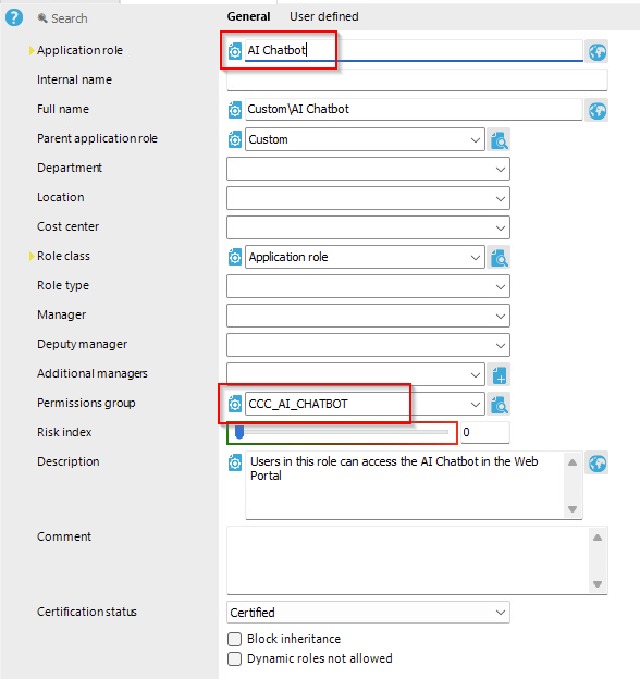 Settings for the new Application Role in Manager