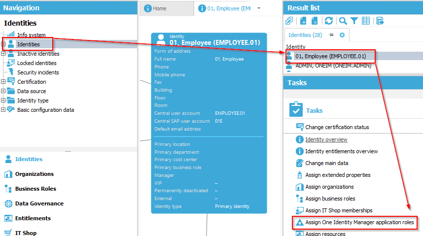 Where to assign an Application Role to an Identity in Manager