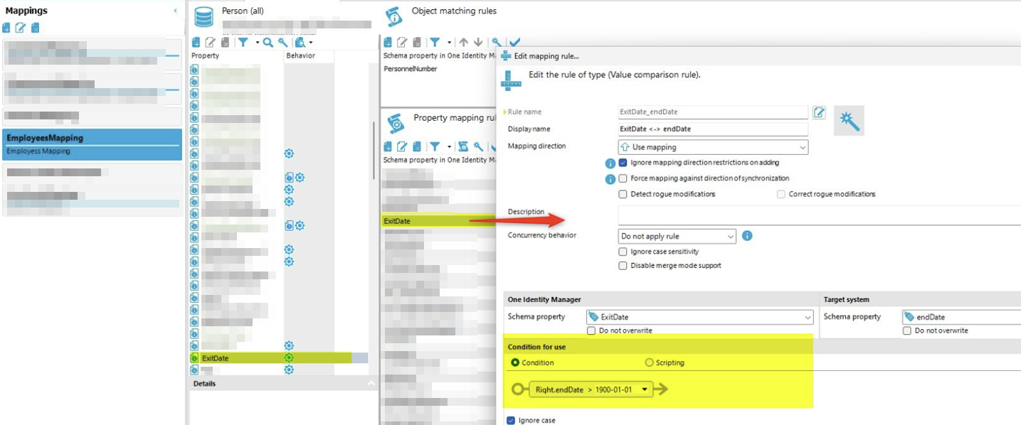 Image showing the condition and where to set it in the Synchronization Editor application.