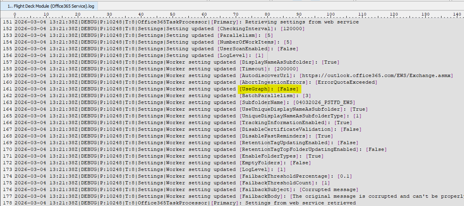 Office365 Service log showing [UseGraph]: [False]