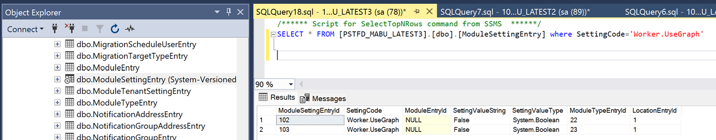 SELECT result showing Worker.UseGraph = False for modules 22 and 23