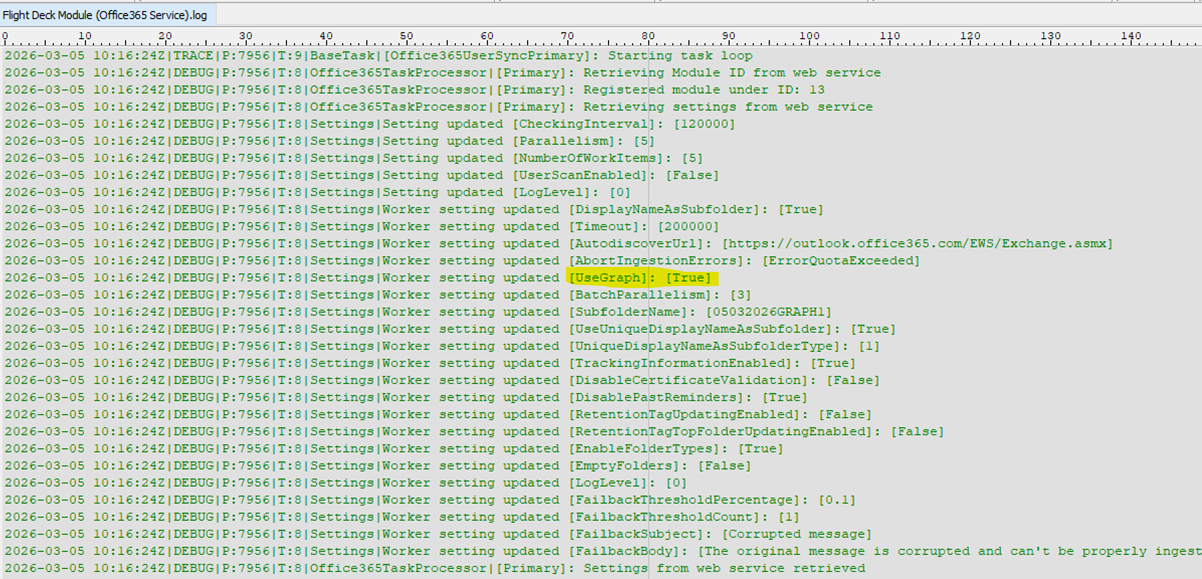 Office365 Service log showing [UseGraph]: [True]