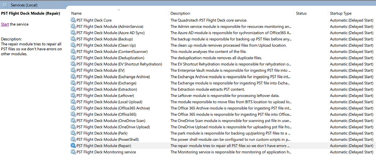 Services console showing all PST Flight Deck services with their statuses