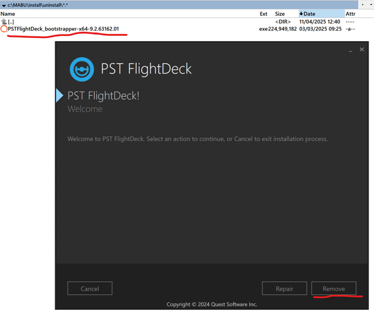 PST FlightDeck 9.2 installer wizard showing the Remove option