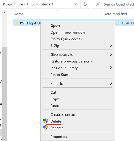 File Explorer showing right-click Delete on the PST Flight Deck folder under Program Files\Quadrotech
