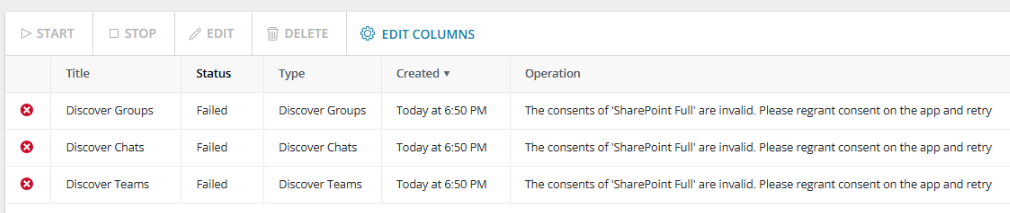 Operation details panel for a discoverteams operation showing Failed status and the Last Operation error about SharePoint Full consents being invalid