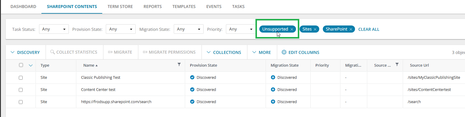 SharePoints list with the Supported Sites filter cleared