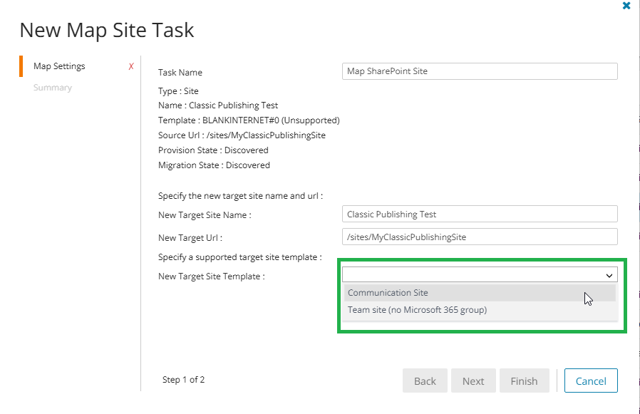 Map Site dialog selecting a supported destination template