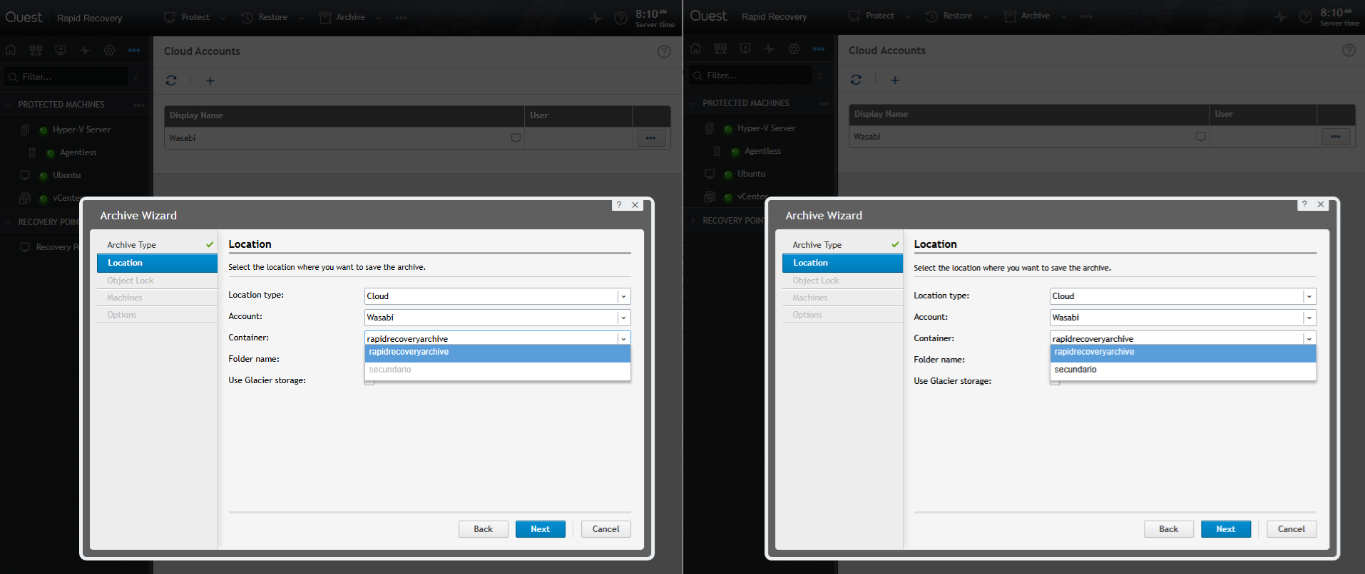 On the Chromium-based web browser to the left, buckets listes on the drop-down list ares greyed out. On the web browser to the right, the expected behavior is shown: all buckets can be selected from the drop-down list.