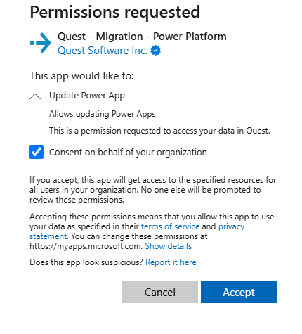 Microsoft Entra ID consent prompt displayed after running the command, requesting approval of the Power Platform permission
