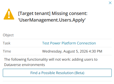 Missing consent message for the target tenant as reported in the On Demand Migration console