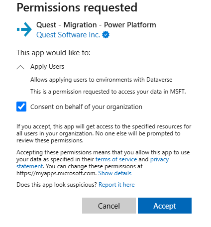 Microsoft Entra ID consent prompt displayed after running the command, requesting approval of the Power Platform permission