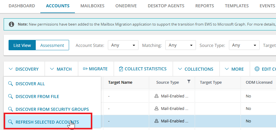 The Refresh Selected Accounts option under Discovery in the Accounts module